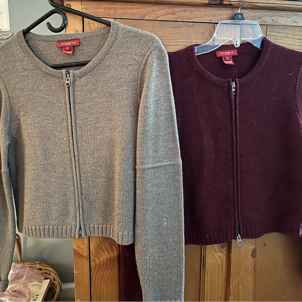 SUNDANCE - 2 Wool cardigans; Small; zip up .1- Maroon; 1-Tan Like New- $ 27/each